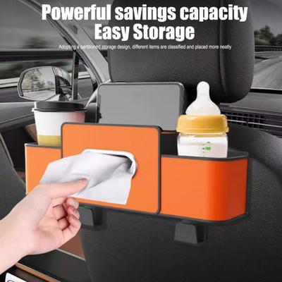 Multifunctional 3?in?1 Car Back Seat Storage Box Faux Leather Backseat Organizer with Tissue Dispenser Cup Holders Hooks for Drinks Phone Handbags