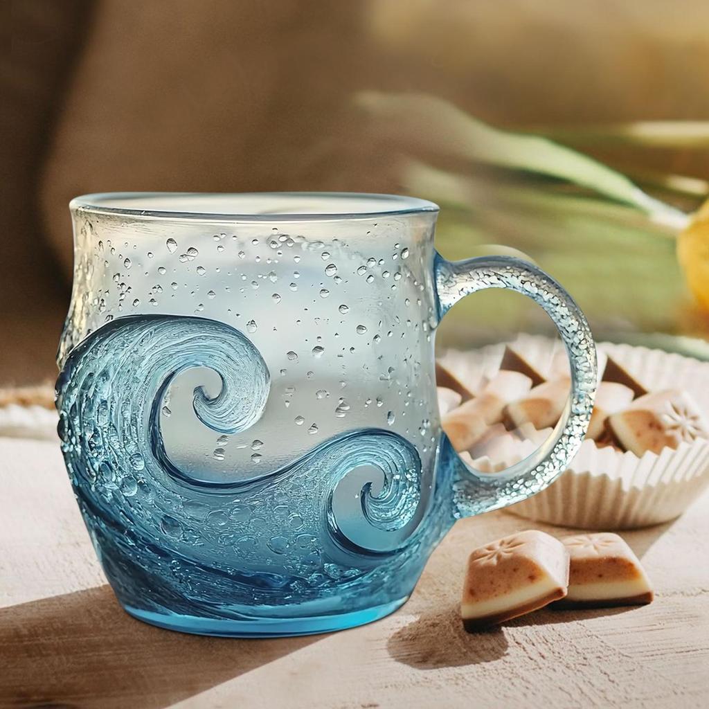 Glass Coffee Mug Water Bottle Wave Design 300ml Coffee Mug with Handle for Kids Beach House Office Women Men Adults Home