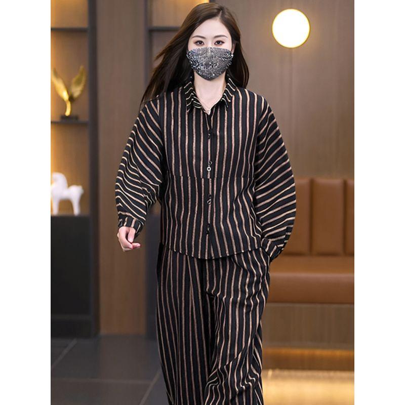 

Fashion Plus Size Ladies Plus Size Western Style Two-Piece Suit Stripes Shirt Stripes L