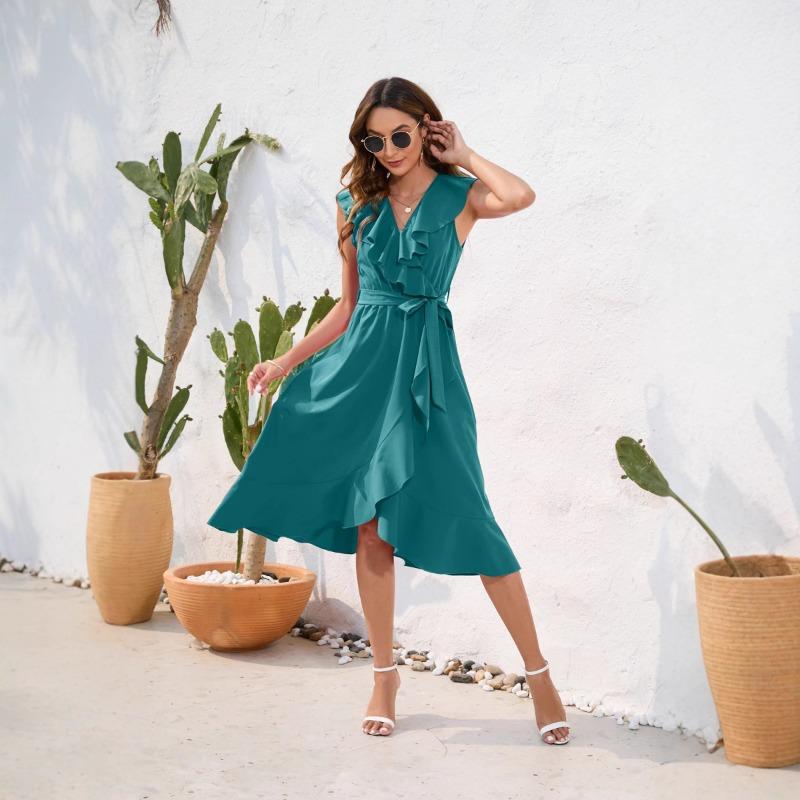 Women's Waist Waist Sexy V-neck Dress Leisure Vacation Travel Dress Sleeveless Split Dress
