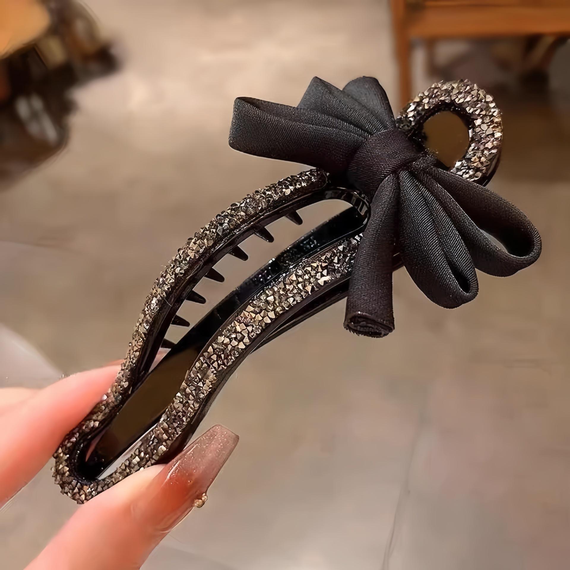 

Elegant Black Rhinestone Duckbill Hair Clip with Bow Design for Luxury Updo Look