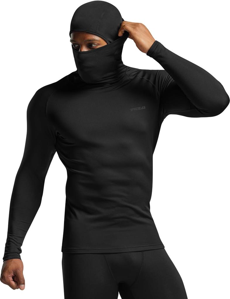 Tesla Sports and Long Sleeve Hoodie with Mask and Face Compression Cold Inner Running Sports Thermal Men's Undershirt, Fleece-Lined, Moisture-Wicking,