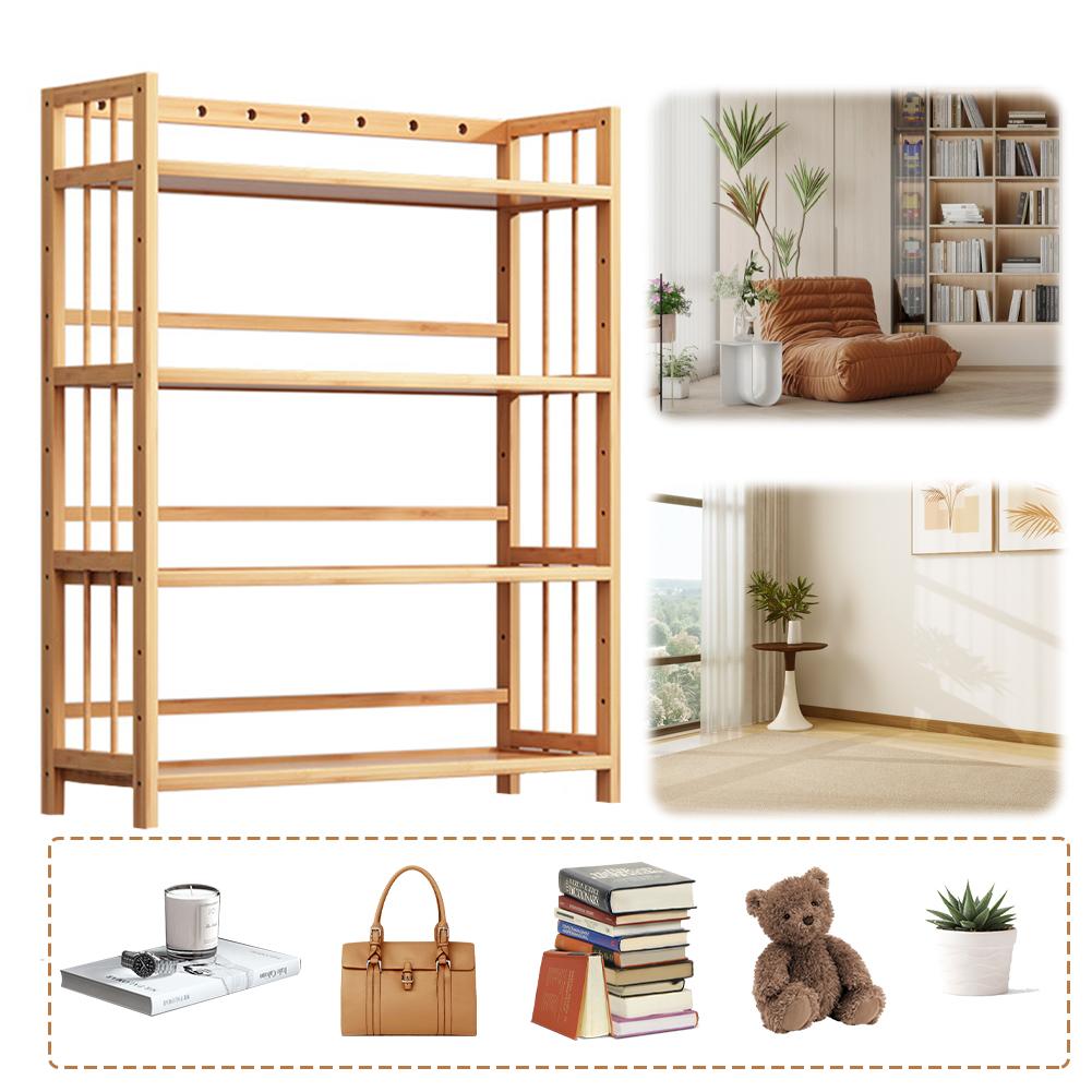 4-Tier Bamboo Shelf Large Capacity Simple Bookcase Multi-Function Storage Display Rack for Bathroom Kitchen Living Room