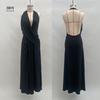 2025 Summer Fashion Deep V Halter Pleated Open-Back Slit Dress for Women