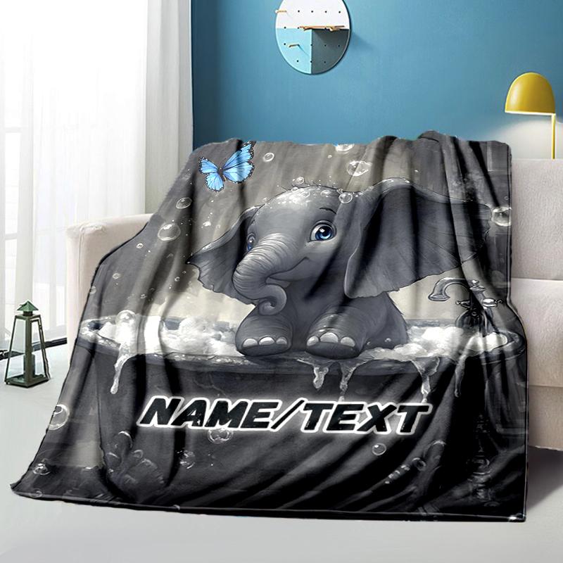 1PC Custom Name Baby Elephant Bath Time outdooor Flannel blankets Throw Blanket All-Season Throw Gift Bedspread for Couch, Bed, Camping Holiday Birthd