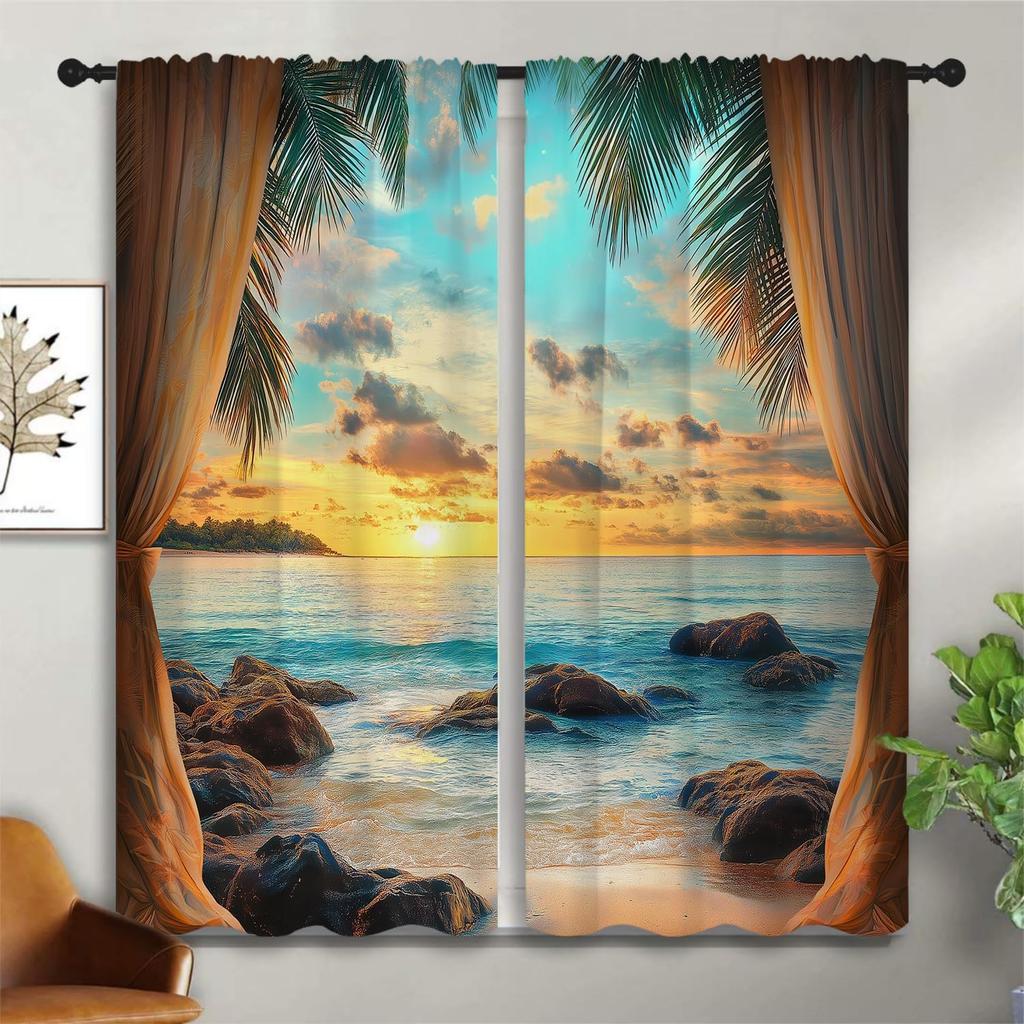 Beach Boy Girls Blackout Curtains,Ocean Sunset Seaside Palm Tree Dusk Nature Scenery,2 Panel Rod Pocket Thermal Insulated Drapes