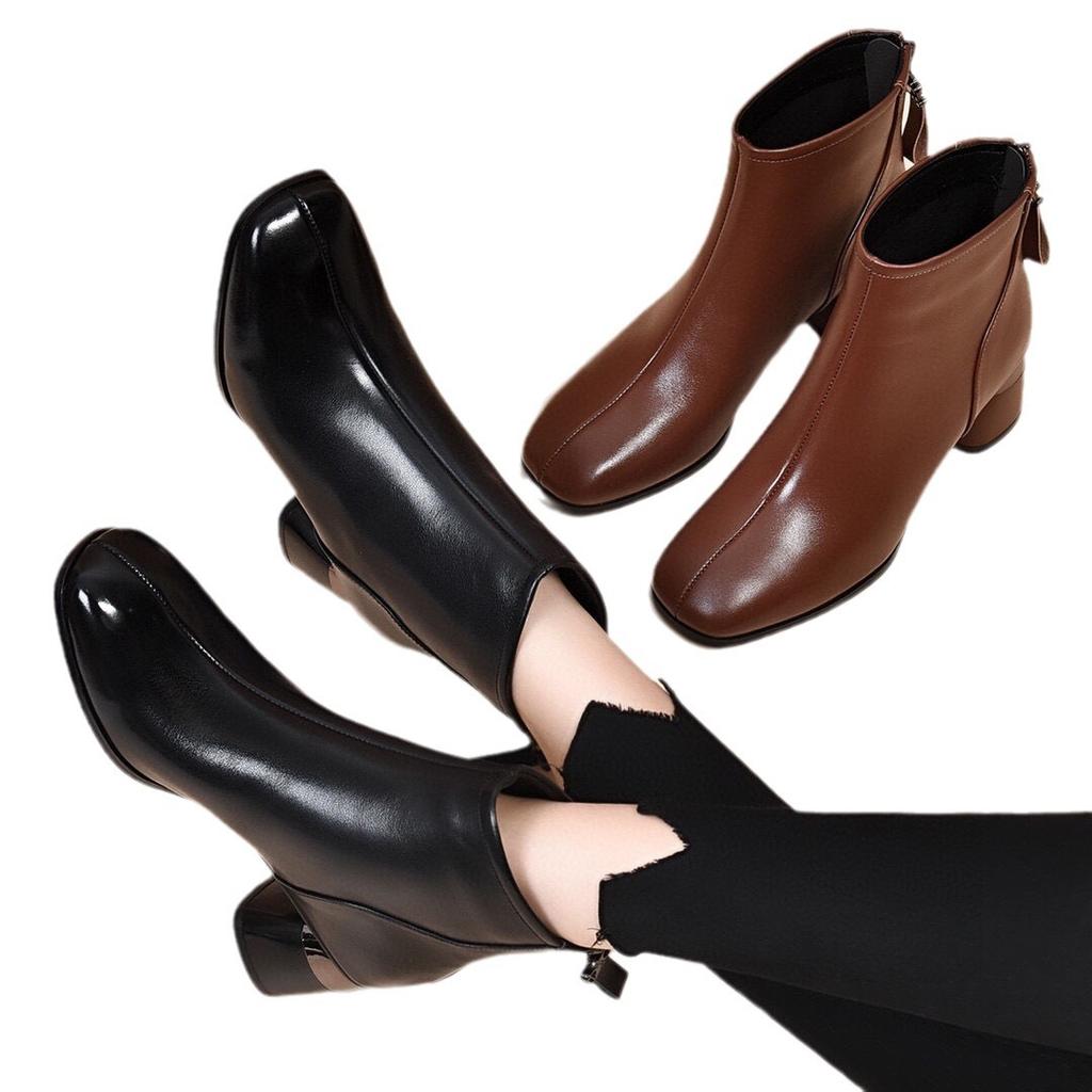 New Thick Heel Small Short Boots Versatile Spring and Autumn Single Boots Soft Sole Brown Square Head Autumn and Winter Velvet Women's Leather Shoes