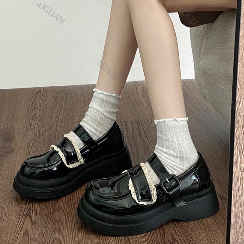 2026 Frühling Herbst Leder Mary Jane Schuhe Doppel-Schnallenriemen Spitze Dekor Plateau Loafer Klobige Runde Spitze Freizeit Lolita Schuhe