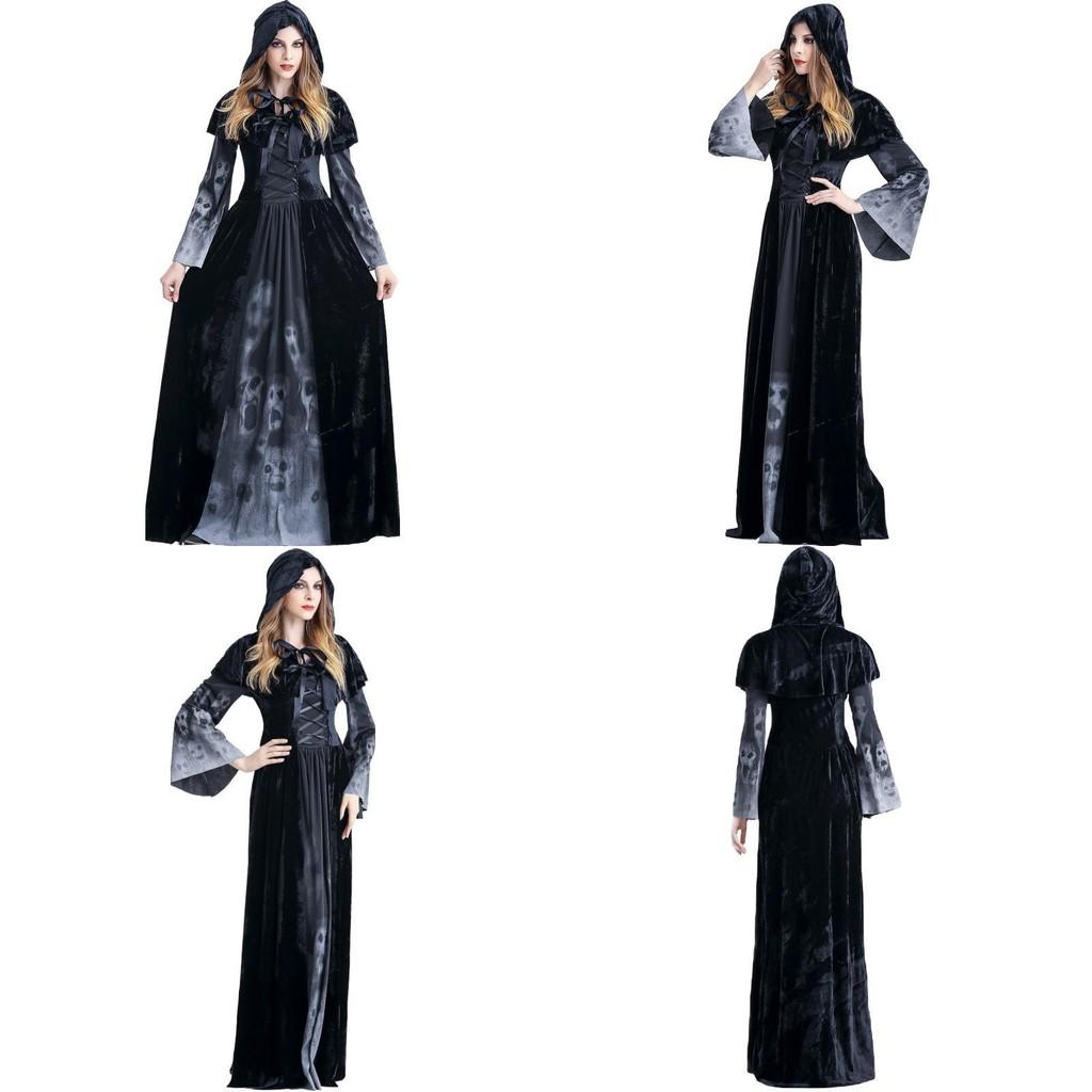 Halloween Cosplay Dress For Women With Skeleton Print Polyester Fantasy Evil Witch Vampire Dead Soul Costume Halloween Costume