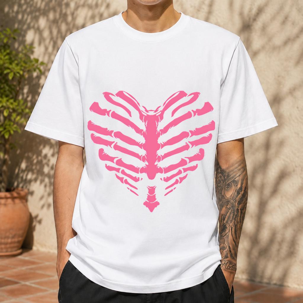 2026 New Cotton Tshirt Punk Style Rib Heart Skeleton Personalized Print Top Casual Short Sleeve