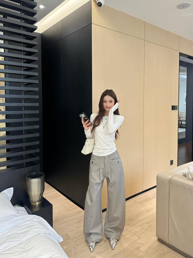 

11KN Retro Textured Stripe Wide-Leg Suit Pants - Unisex Loose Straight Cut Casual Trousers L сірий колір