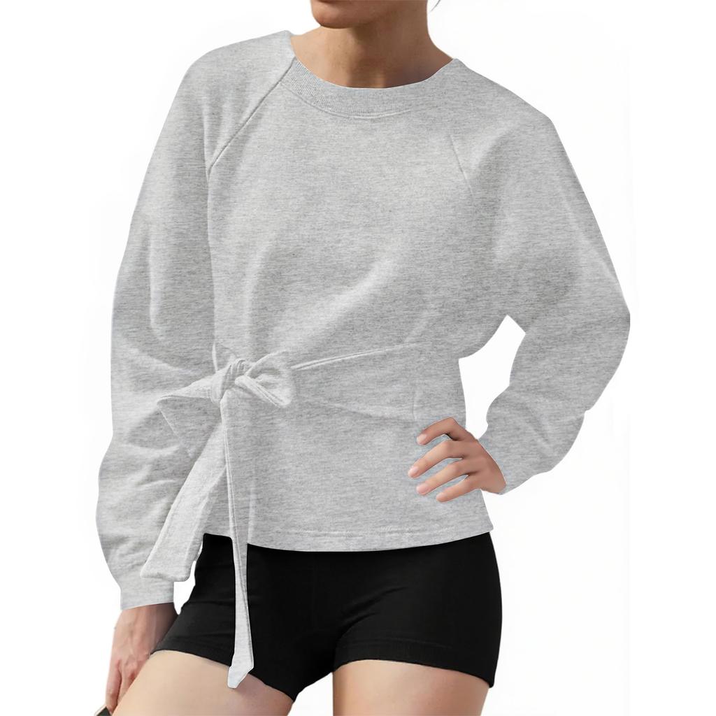 Women's Solid Color Long Sleeved Casual Round Neck Belt Bow Sports Shirt Pullover Top