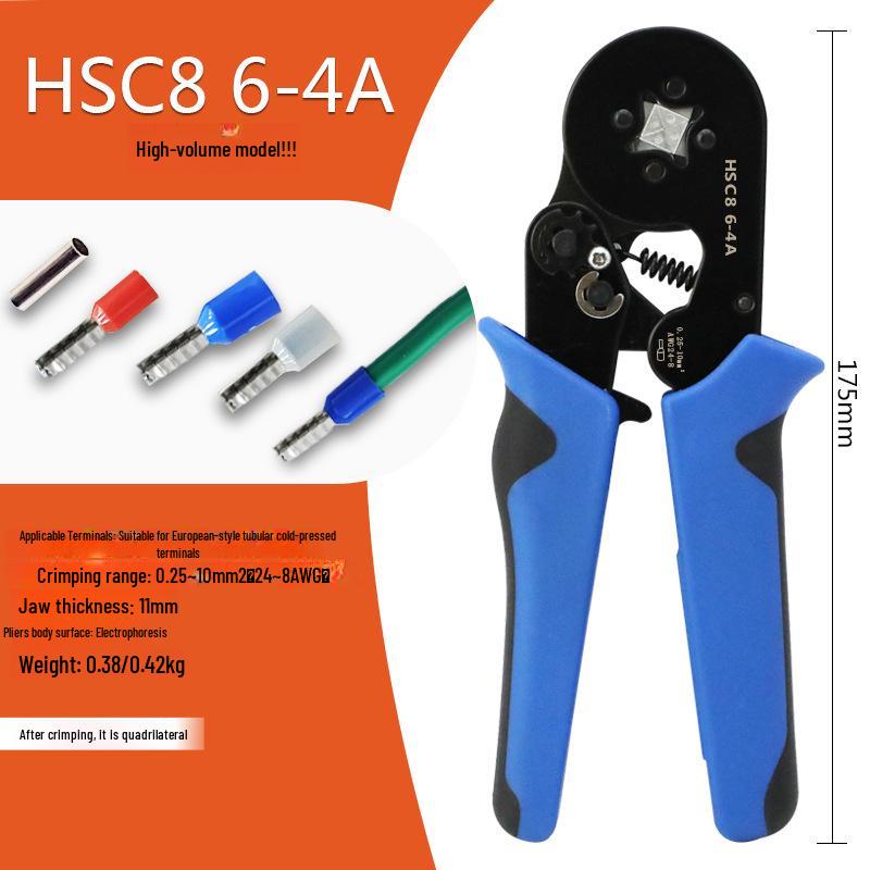 

HSC8 6-4A Self-Adjusting Crimping Tool for VE Tube Terminals, 0.25-10mm Range, Quadrilateral Crimping.
