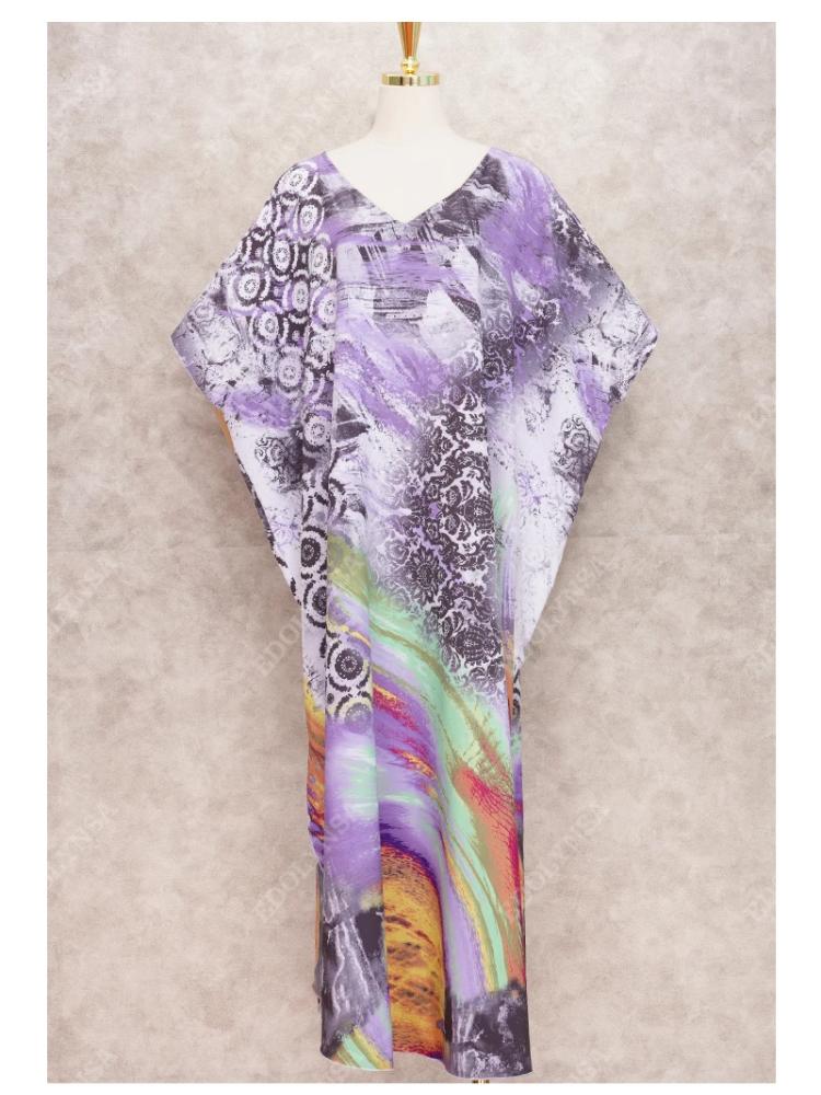 EDOLYNSA Multicolored Bikini Cover-ups Kaftan Sexy V-neck Half Sleeve Boho Summer Beach Dress Plus Size Beachwear Swimsuit Cover Up Q1166