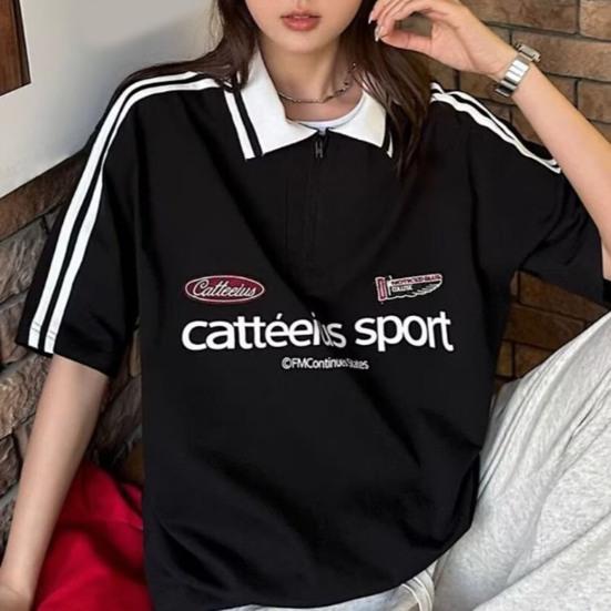Unisex T-shirt Men Women Striped Letter Decoration Lapel Short Sleeve T-Shirt Casual Loose