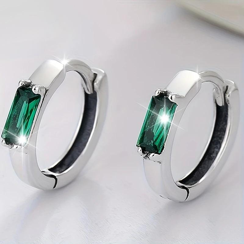 Single Baguette Cut Green Cubic Zirconia Tiny Hoop Earrings Silver Tone Four Prong Setting Minimalist Ladies Casual Accessories