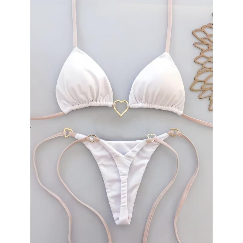 Solid Color White Bikini ,Women Suit ,Low Waist Lace-up Fashionable Swimsuit Two-piece Set