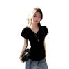 Black V-neck front shoulder short-sleeved T-shirt for women's inner wear, spring and summer new wear design, niche slim-fitting waist top