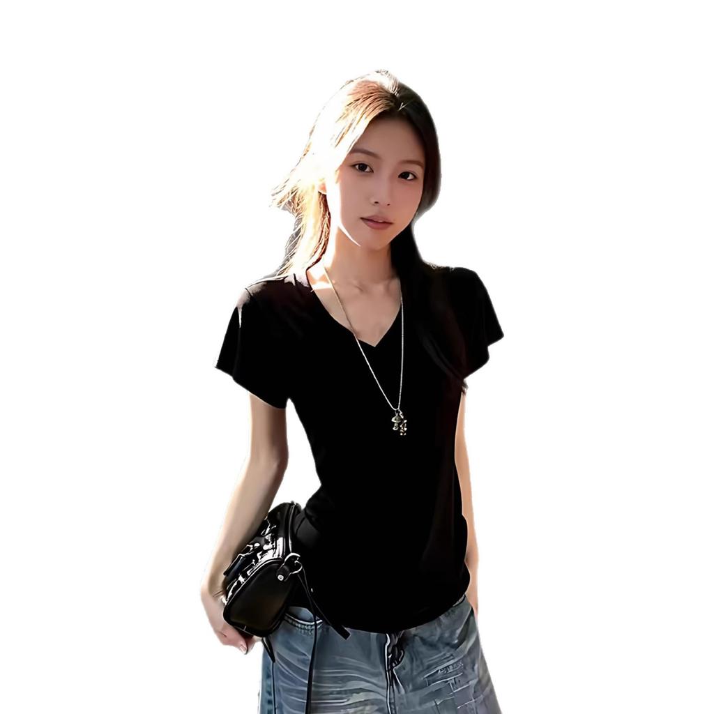 Black V-neck front shoulder short-sleeved T-shirt for women's inner wear, spring and summer new wear design, niche slim-fitting waist top
