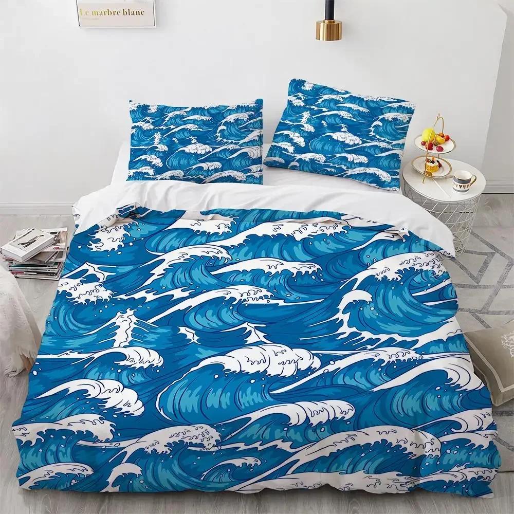 Wave Duvet Cover Set Hokusai Pattern Japanese Ukiyoe Quilt Cover Oriental Sketch Style Ocean Queen Twin Polyester Bedding Set