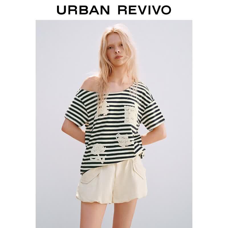 Women s Striped Off-Shoulder Short Sleeve T-Shirt XS