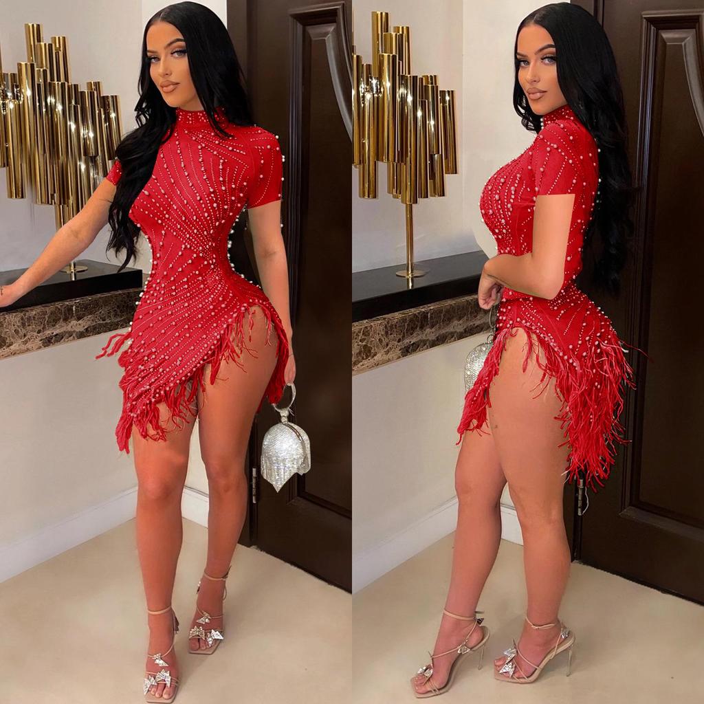 Damen Sexy Mesh Perlen Quasten Kurzes Kleid