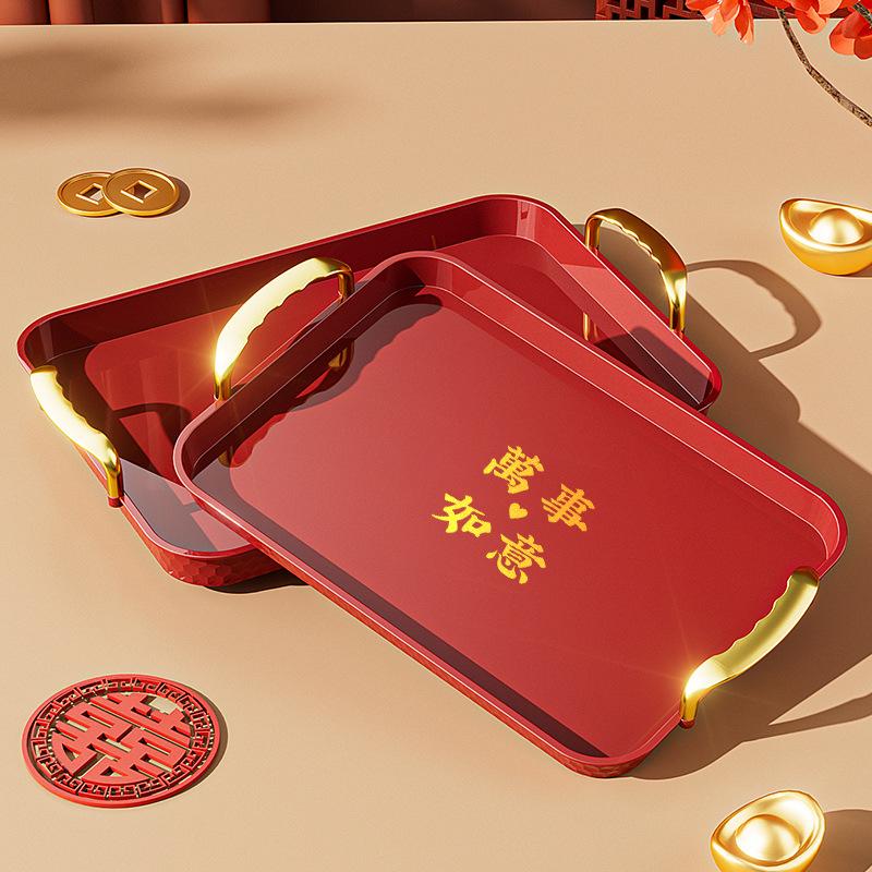 Hochzeitstablett Hochzeit Rot Festliches Obstteller Hochzeitsbankett Glückliches Wort Runder Teetablett Hochzeitsbedarf Quadratische Glückliche Süßigkeitenteller