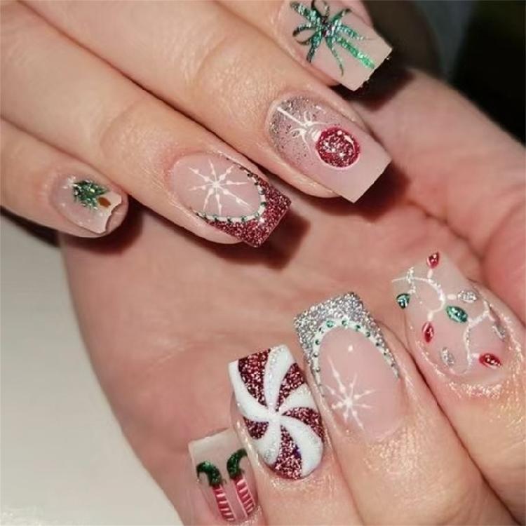 

24PCS Christmas Shining Swirls False Nail 3D Floral Rhinestones Design Press On Nail Red Silver Shining 1