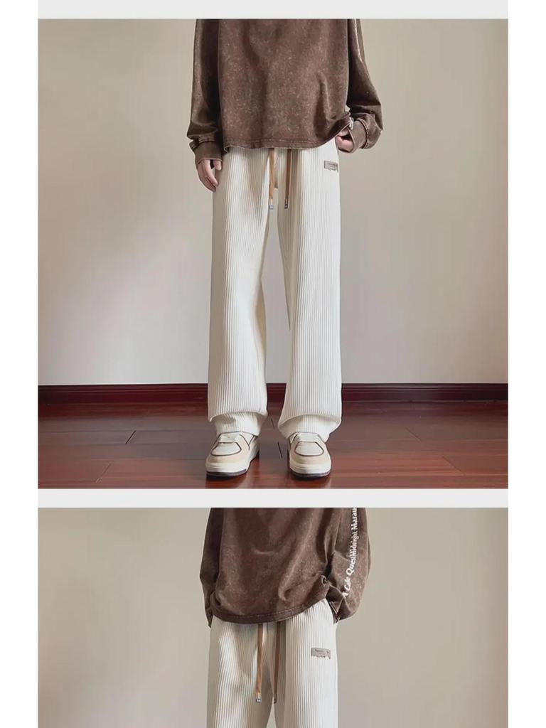 Chlapecké nadměrné široké manšestrové tepláky khaki barvy v americkém stylu se sametovou podšívkou na zimu