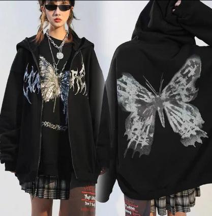 Hooded sweater in stock, zipper sweater autumn and winter European and American butterfly sweater gothic sports hooded jacket
