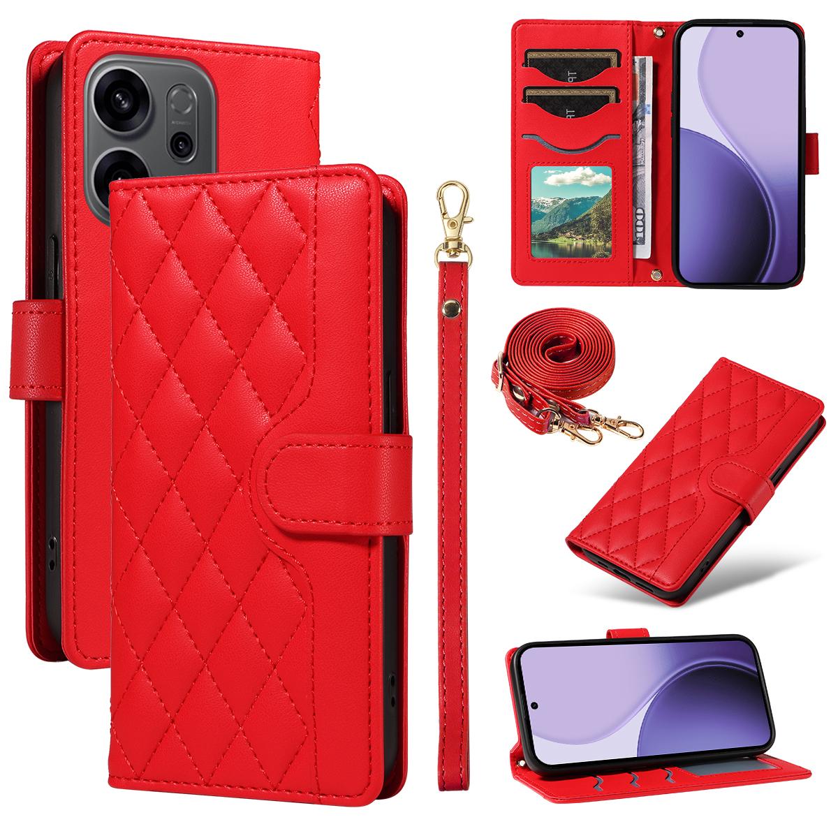 Для Oppo Reno14 5G (Китай)/Oppo Reno14 F 5G/Oppo Reno14 5G (Глобальный) Чехол-кошелек Ромбовидный кожаный чехол для телефона с ремешком D