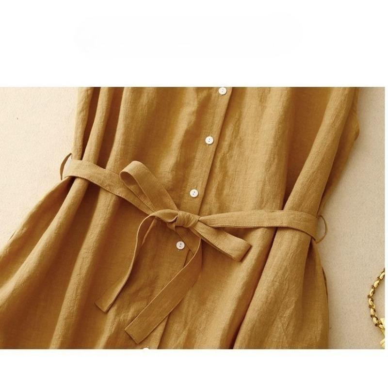 Elegant Loose Sleeveless Shirt Dress Women Summer Casual Long Dress with Tie Waist Design