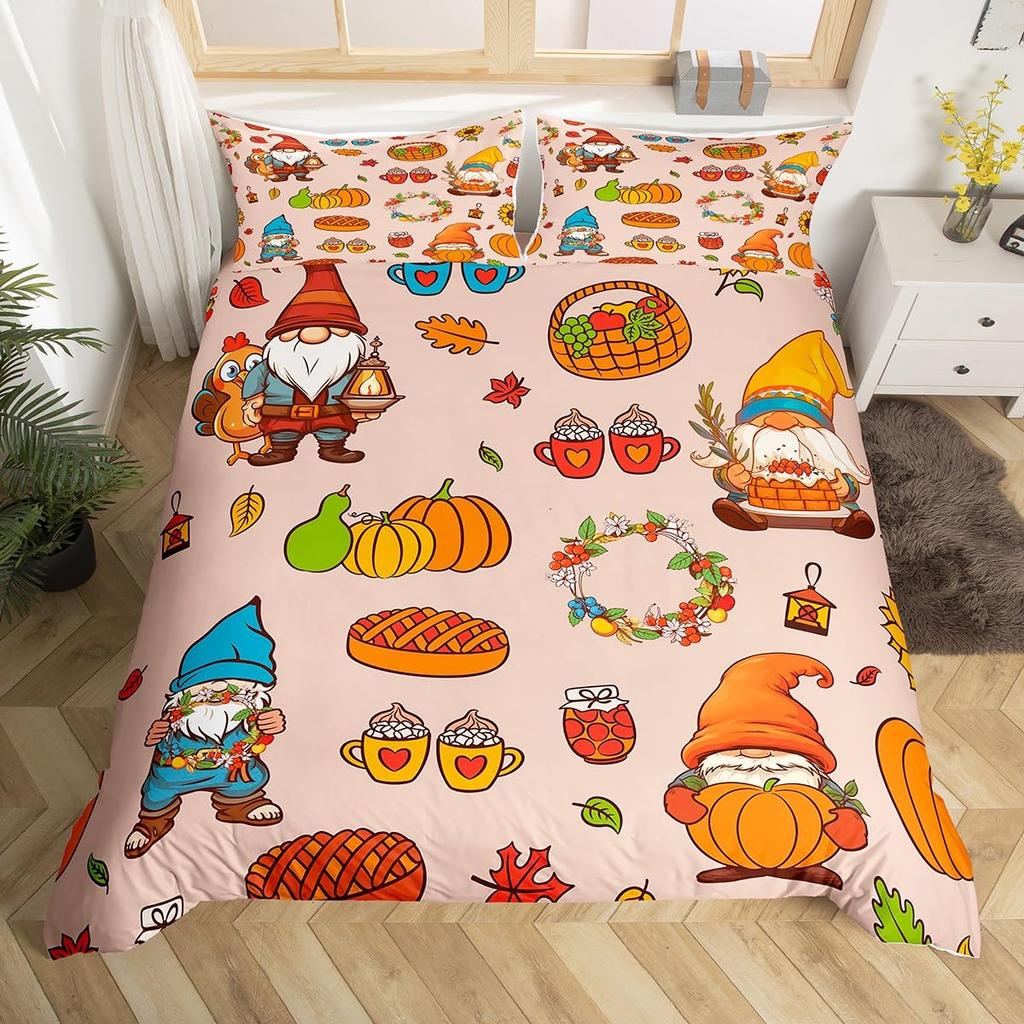 Cartoon Dwarf Dwarf Duvet Cover Queen for Kids Girls,Fall Leaves Pumpkin Bedding Set Autumn Gnome Turkey Maple Leaf Quilt Cover