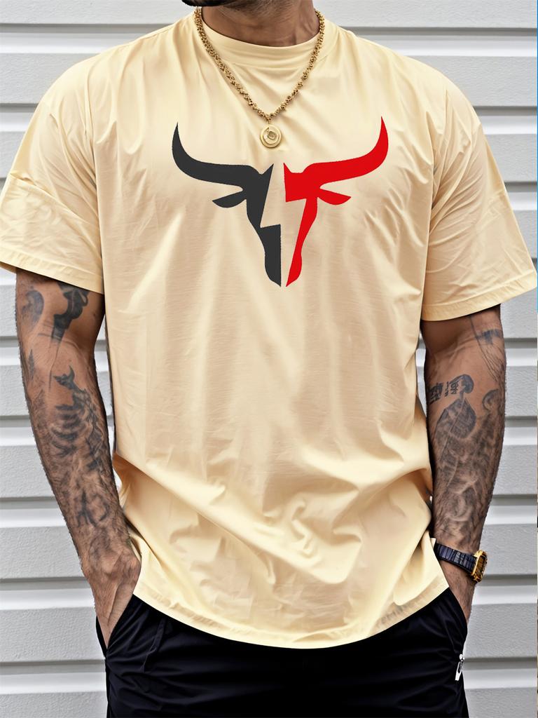 Summer Men's 100% Cotton Comfortable Casual Loose Fit Plus Size Bull Pattern Print Sports Round Neck Short Sleeved T-shirt Top