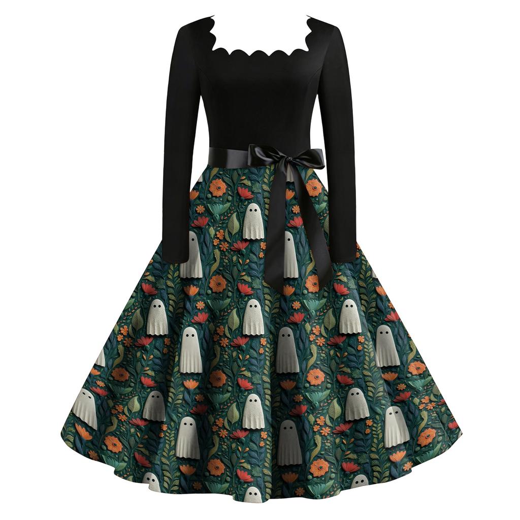 Women's Vintage Long Sleeve Square Neck Halloween Print Party Dress with Flared Skirt and Waist Tie for Evening Events