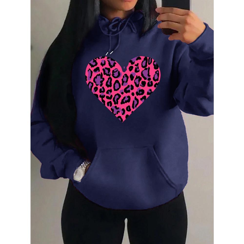 Pink Leopard Print Heart Printing Hoody Women Fashion Oversized Hoodie Pullover Autumn Fleece Clothes