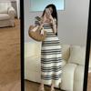 Striped Summer Dresses Women Contrast Color Knitting Korean Robe Femme Vintage Loose Square Neck Dress