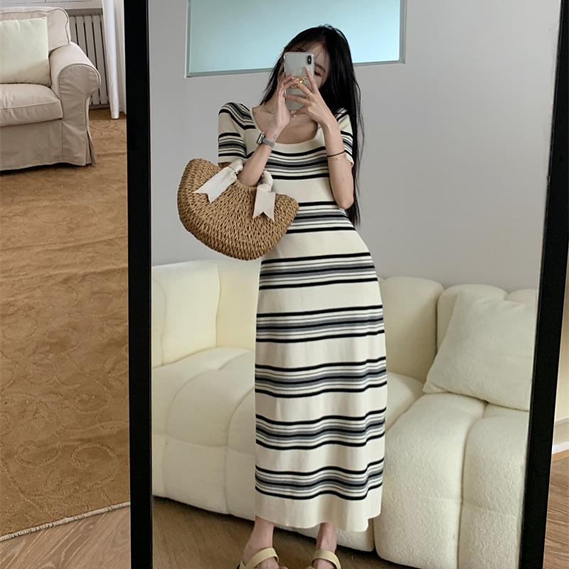 Striped Summer Dresses Women Contrast Color Knitting Korean Robe Femme Vintage Loose Square Neck Dress