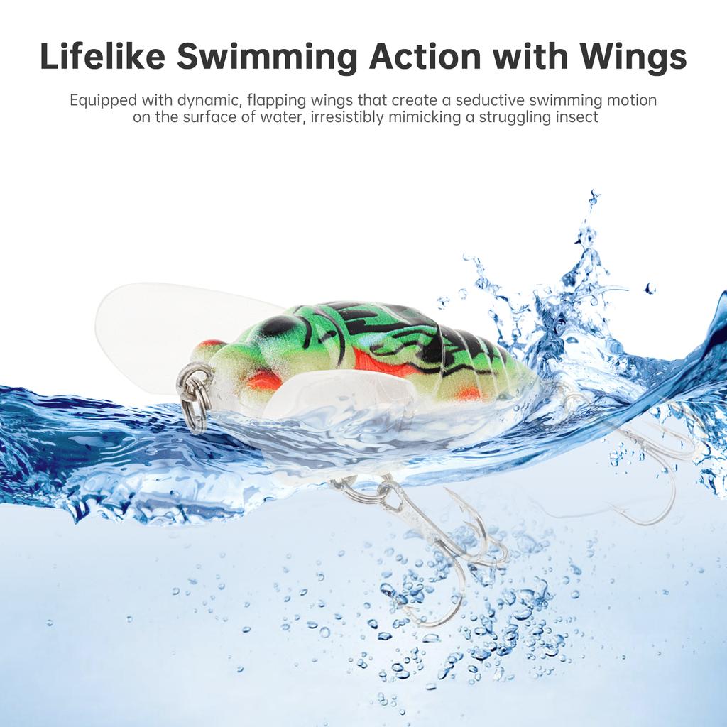 5 Pièces Leurres Bioniques Flottants Cigale, Ailes Mouvantes Dynamiques & Hameçons Triples Forts 3X, 50mm 6g Appât Insecte Ultra-Réaliste