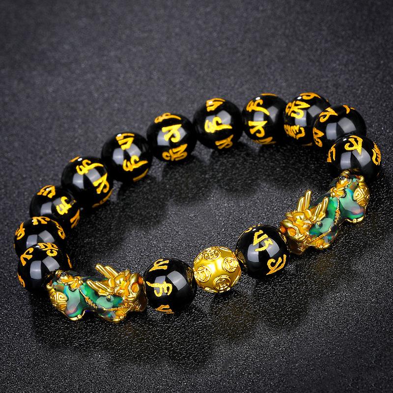 3D Color-Changing Pixiu Obsidian Bracelet with Six-Character Mantra & Temperature-Sensitive Vietnamese Gold