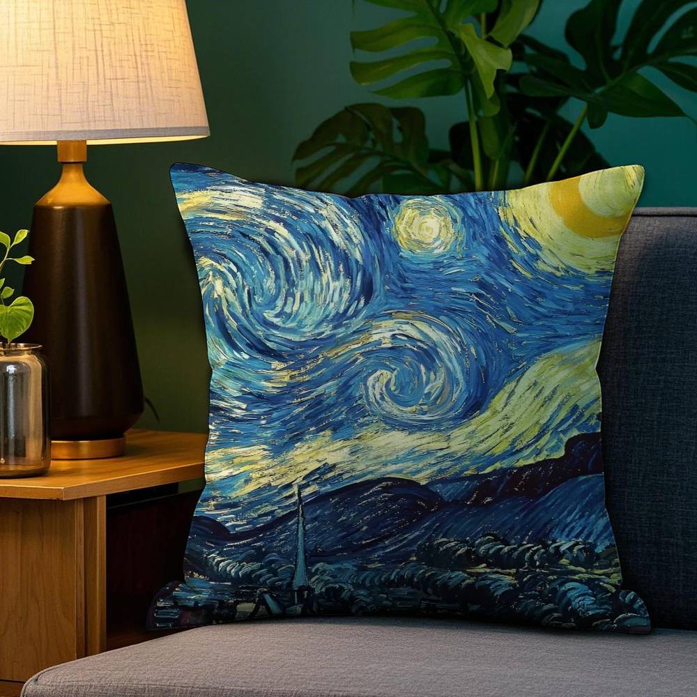V-Van Gogh Oil Painting Print Pillow Case Anti-dustmite Pillowcase Invisible zipper silky short plush Sofa cushion cover