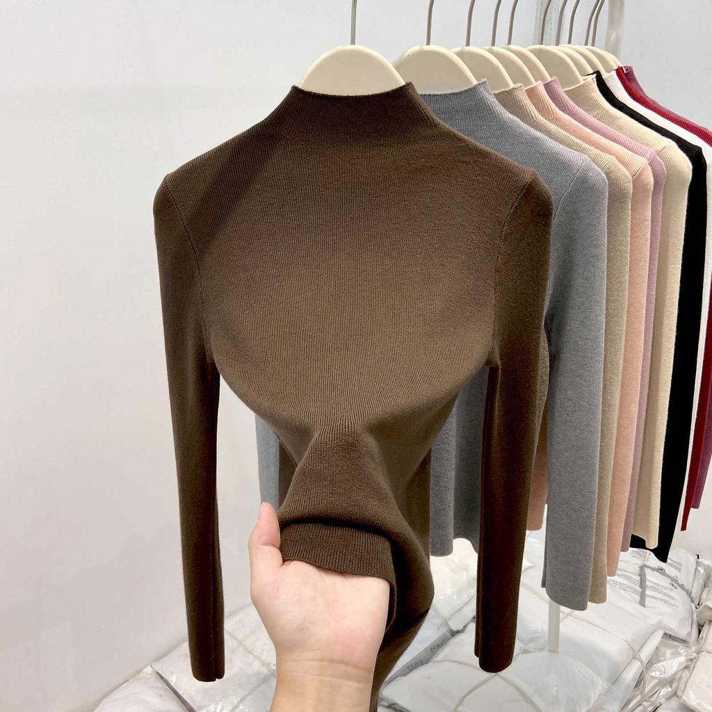 White basic semi-turtleneck knitted sweater women's autumn and winter slim-fitting and thin inner long-sleeved soft waxy sweater fashionable top