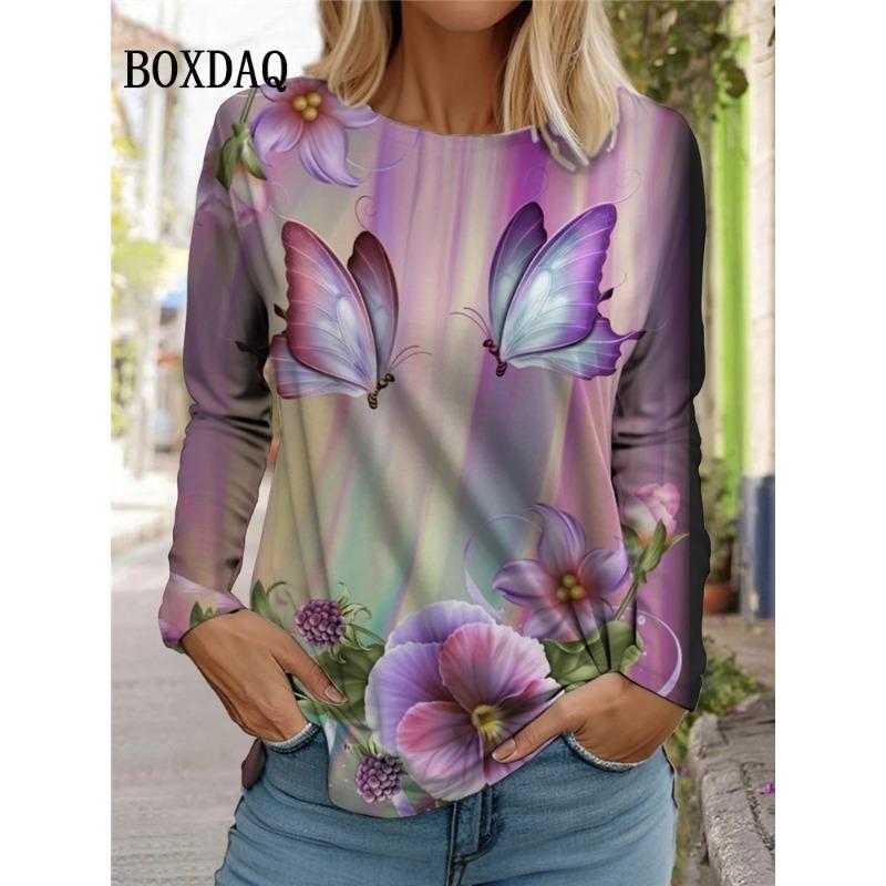 Rosenblumen Schmetterling T-Shirt Damen Batikdruck Langarmtops Übergroß Herbst Winter Lässiger Pullover Damenkleidung