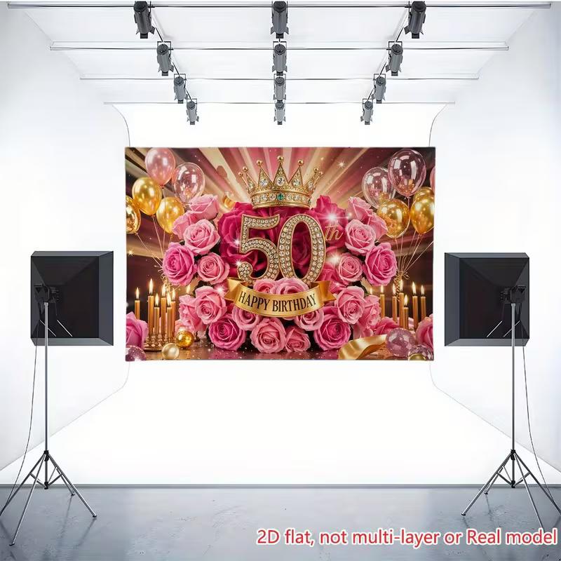 Sfondo fotografico 2D per il 50° compleanno, Striscione per festa a tema traguardo color oro rosa