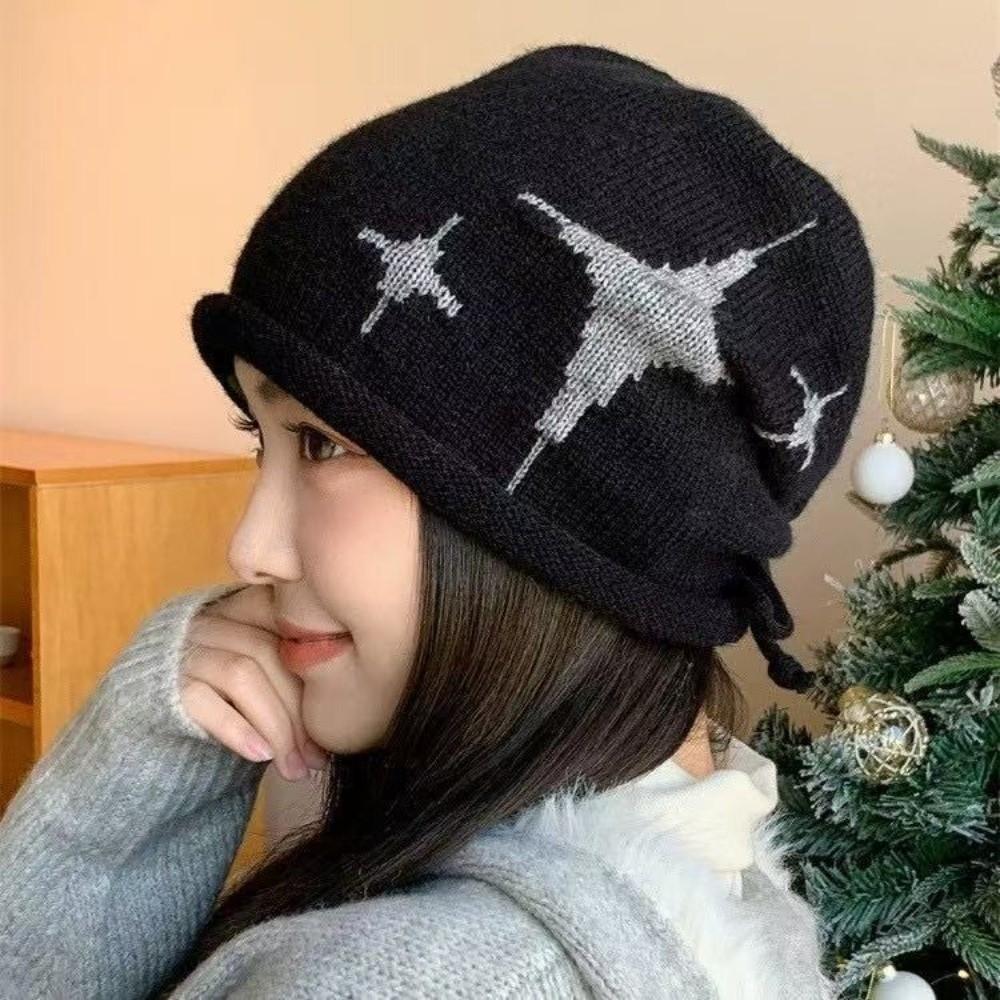 Casual Star Pattern Knitted Woolen Hat Windproof Thickened Cover Head Cap Keep Warm Cold-proof Drawstring Beanie Cap Women