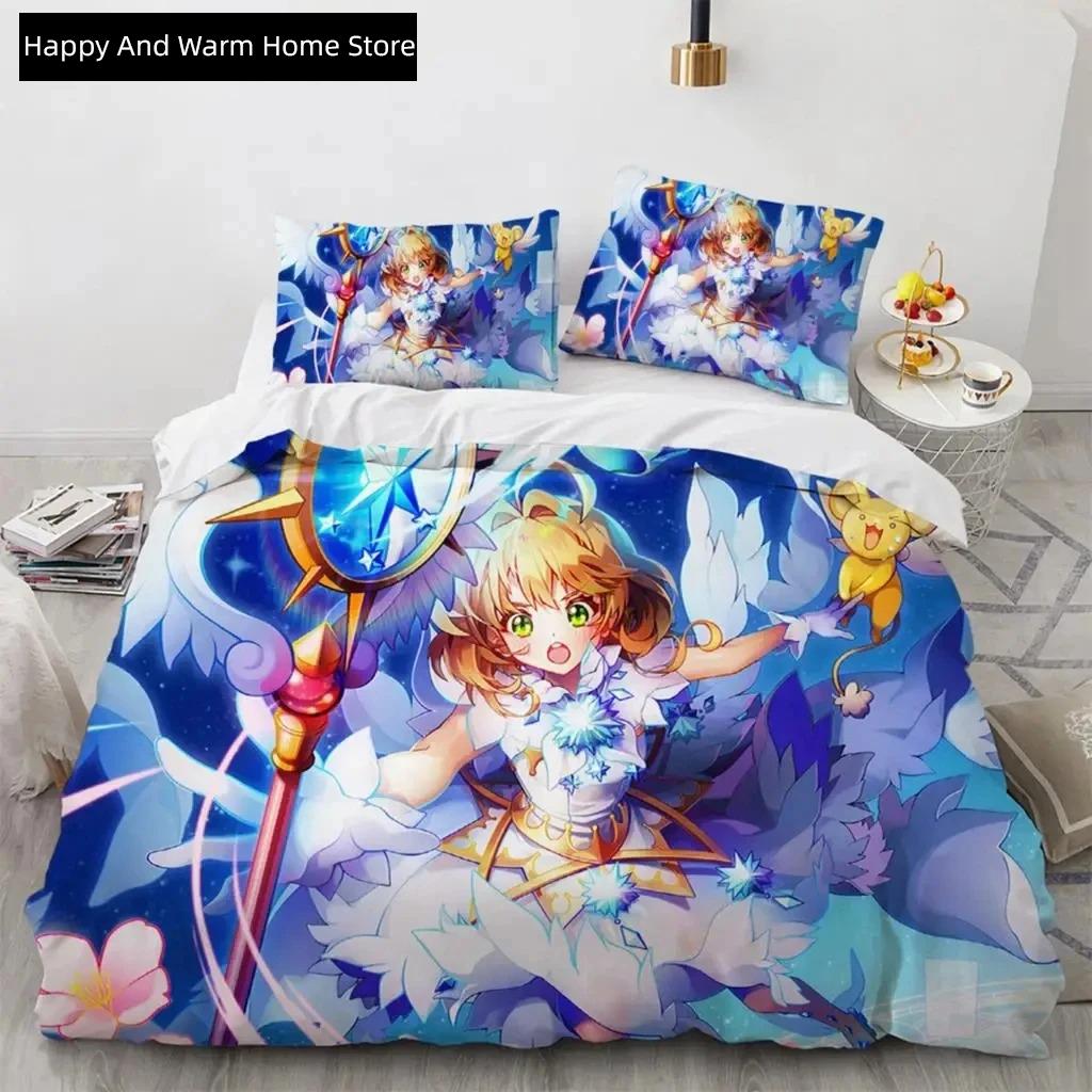 Anime Cardcaptor Sakura Beding Set,Soft Duvet Cover Warm Comforter Bed Linen Set Comfortable Quilt Cover Pilowcase,King Quen Twin Sized Dimensions