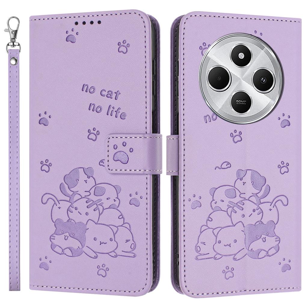 Phone Case For Xiaomi Redmi 14C 4G/14R 5G/Poco C75 4G with Strap Cats Imprint Leather Wallet Phone Cover