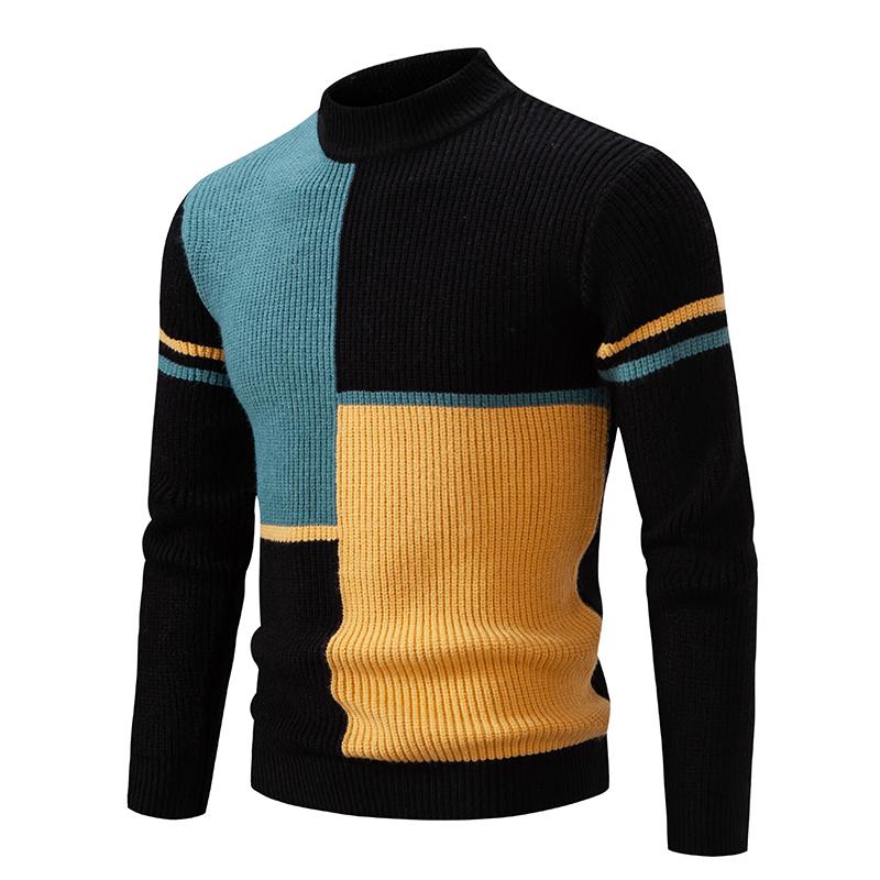 Men's Autumn New Arrival Color Block Pullover Sweater Casual Mock Neck Warm Knitted Fashion Top for Men