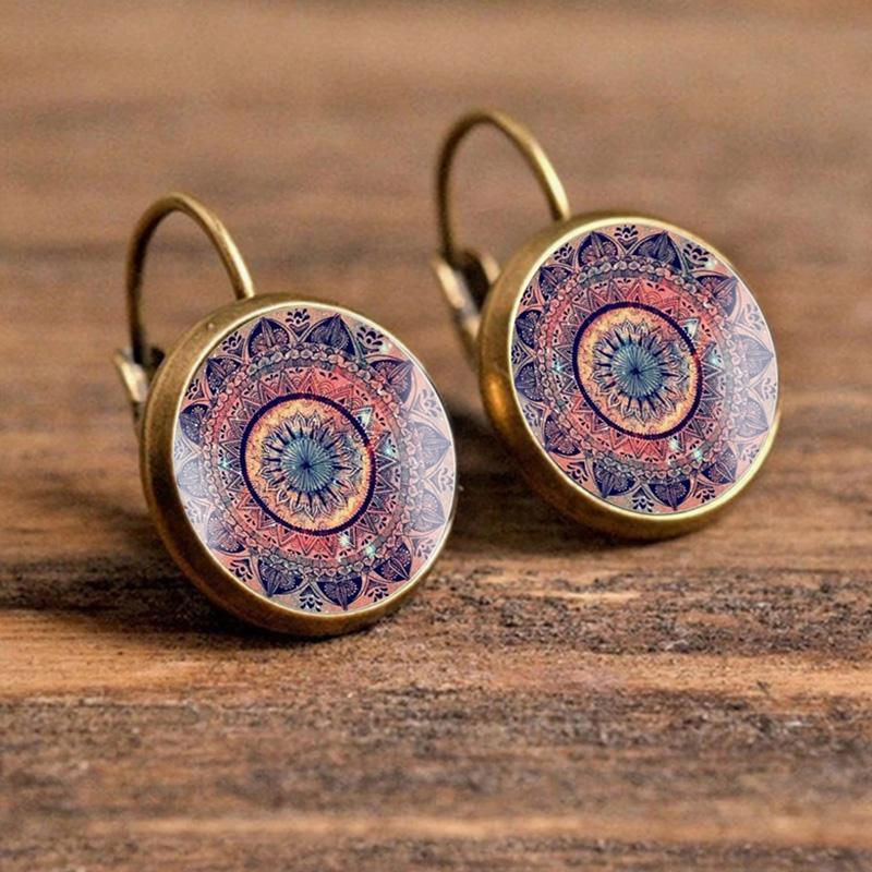 SUTEYI Charm Henna Yoga Amulet Ladies Earrings Round Glass Cabochon Earings Jewelry Bohemian Mandala Earrings For Women