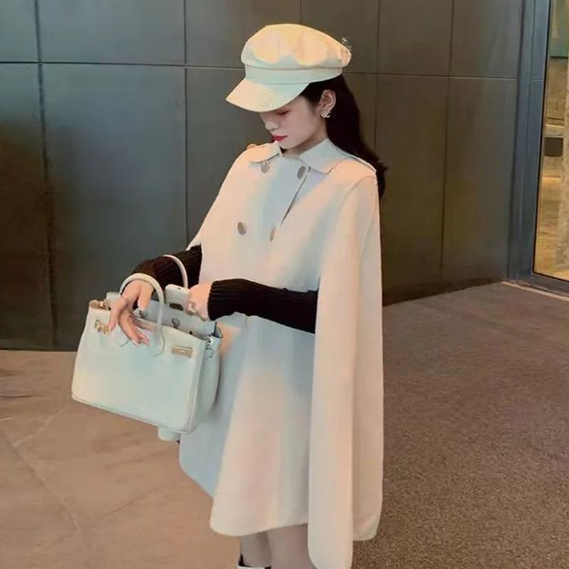 Jeseň a zima Dvojradové ženy Pelerína Voľná Čistá farba Dámsky Kabát Móda Elegantná Lapel Lady Oversized Poncho